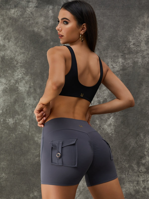 BUYCO Female Ruched Back High Waist Pocket Spandex Gym Fit Shorts