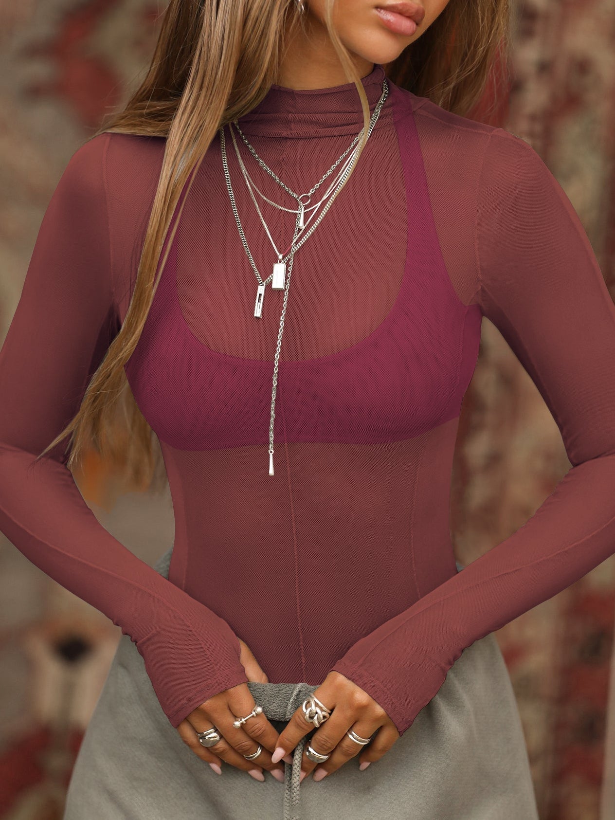 BUYCO Female Fitted Sheer Mesh Not Including Inner Wear Long Sleeves