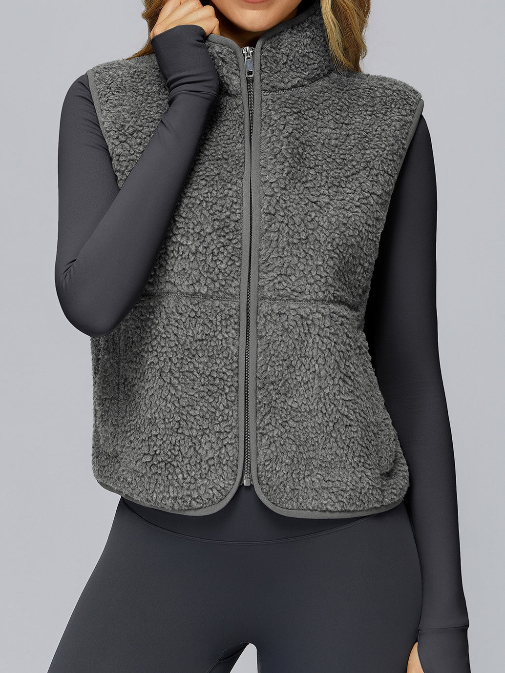 BUYCO Female Fleece Zipper Pocket Stand Up Collar Vest Jacket