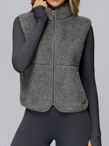 BUYCO Female Fleece Zipper Pocket Stand Up Collar Vest Jacket