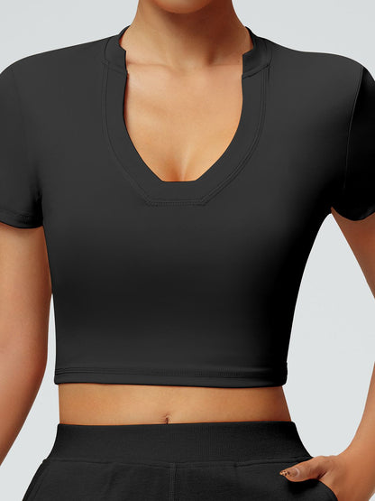 BUYCO Female Solid Color V-neck Quick Dry Elastic Tight Short Sleeves