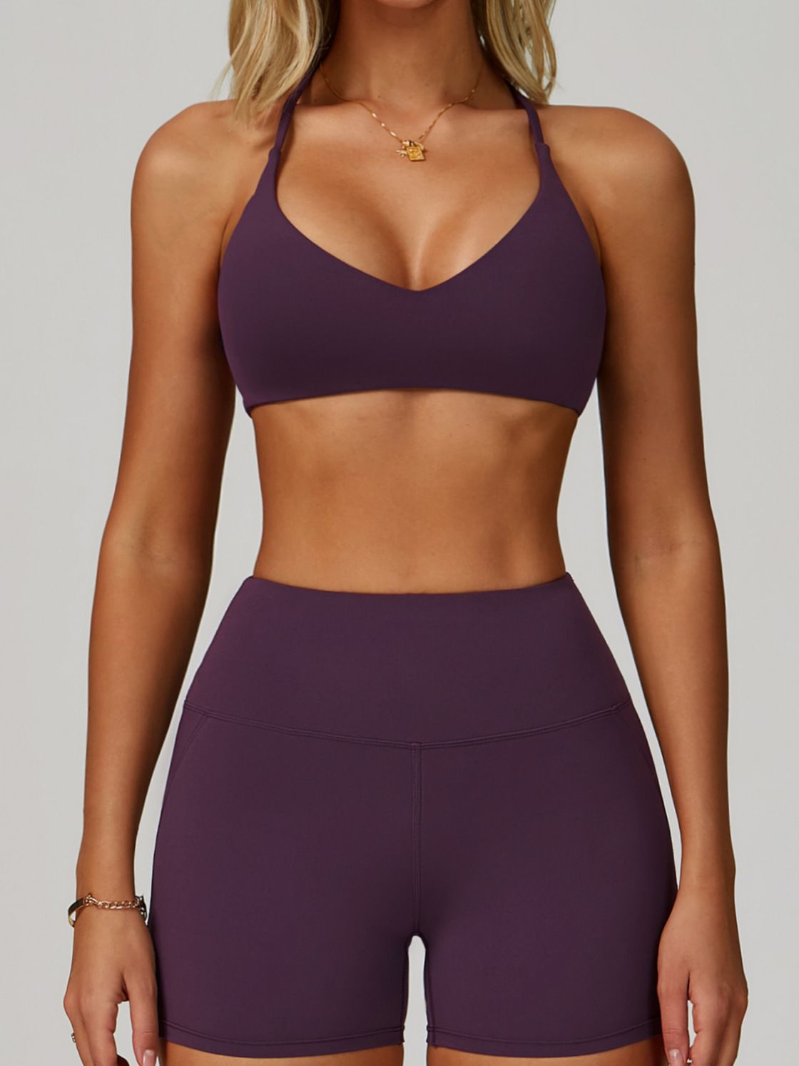 BUYCO Female Cross Back V-neck with Chest Pads Quick Dry Push Up Design Short Tracksuit