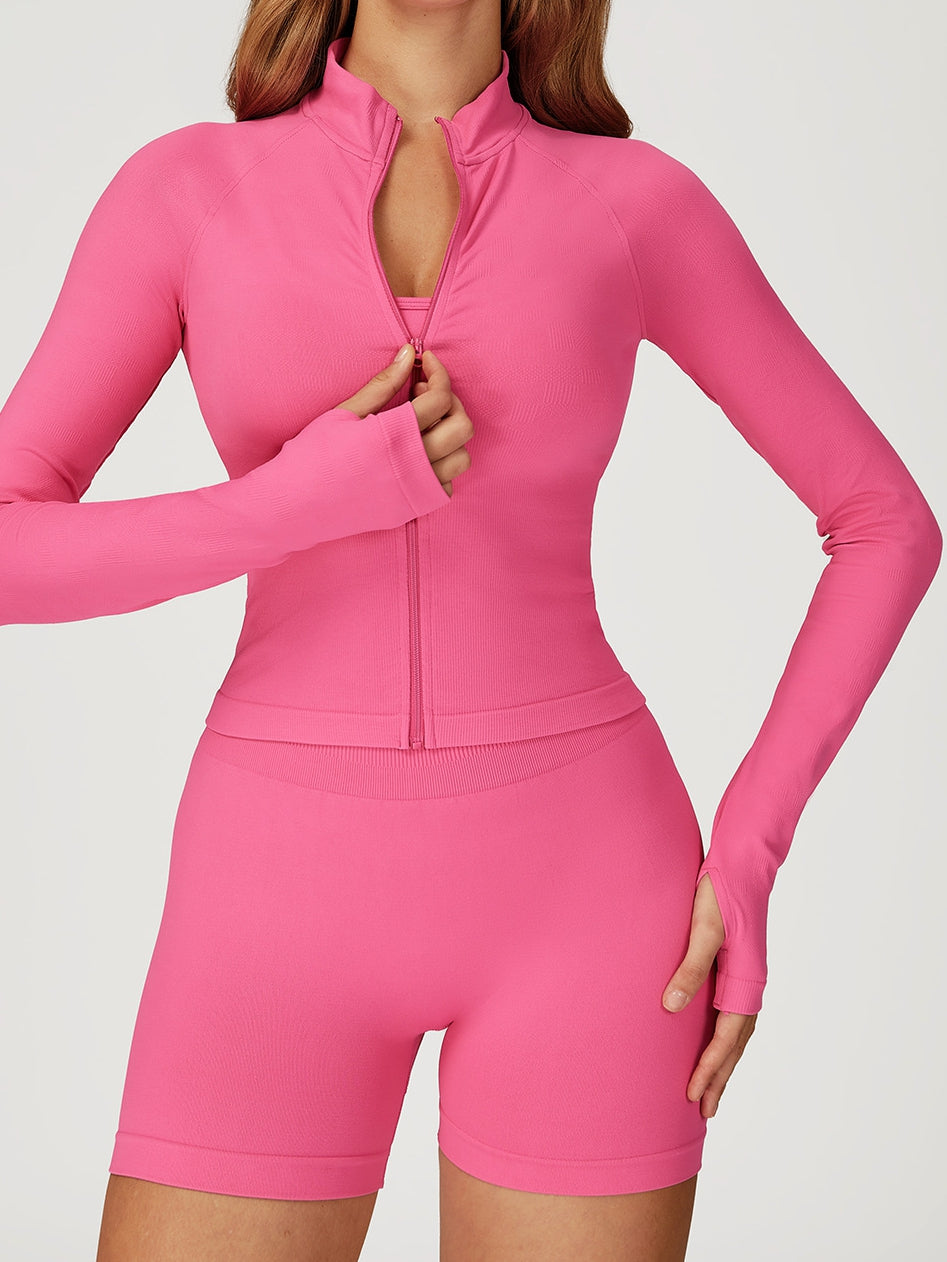BUYCO Female Solid Color Stand Up Collar Zipper Thumbholes Jacket