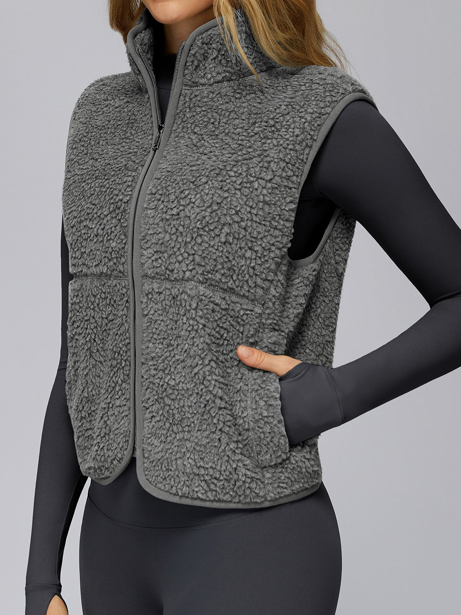 BUYCO Female Fleece Zipper Pocket Stand Up Collar Vest Jacket