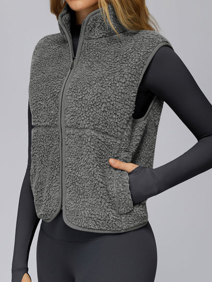 BUYCO Female Fleece Zipper Pocket Stand Up Collar Vest Jacket