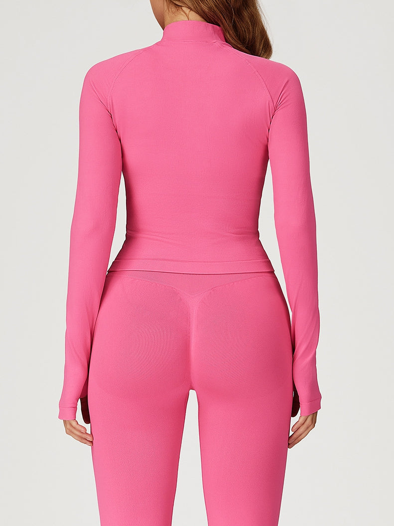 BUYCO Female Solid Color Stand Up Collar Zipper Thumbholes Jacket