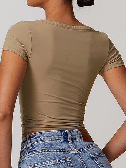 BUYCO Female V-neck Quick Dry Buttons Yoga Short Sleeves