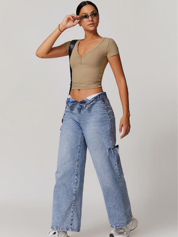 BUYCO Female V-neck Quick Dry Buttons Yoga Short Sleeves