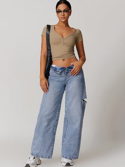 BUYCO Female V-neck Quick Dry Buttons Yoga Short Sleeves