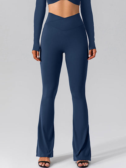 BUYCO Female V-shape Waist Pocket Solid Color Split High-waisted Flare Pants