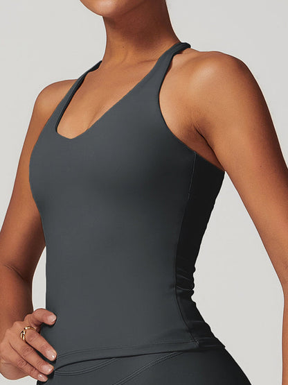 BUYCO Female U Collar Cross Back Hollow Out Quick Dry Adjustable Strap Tank