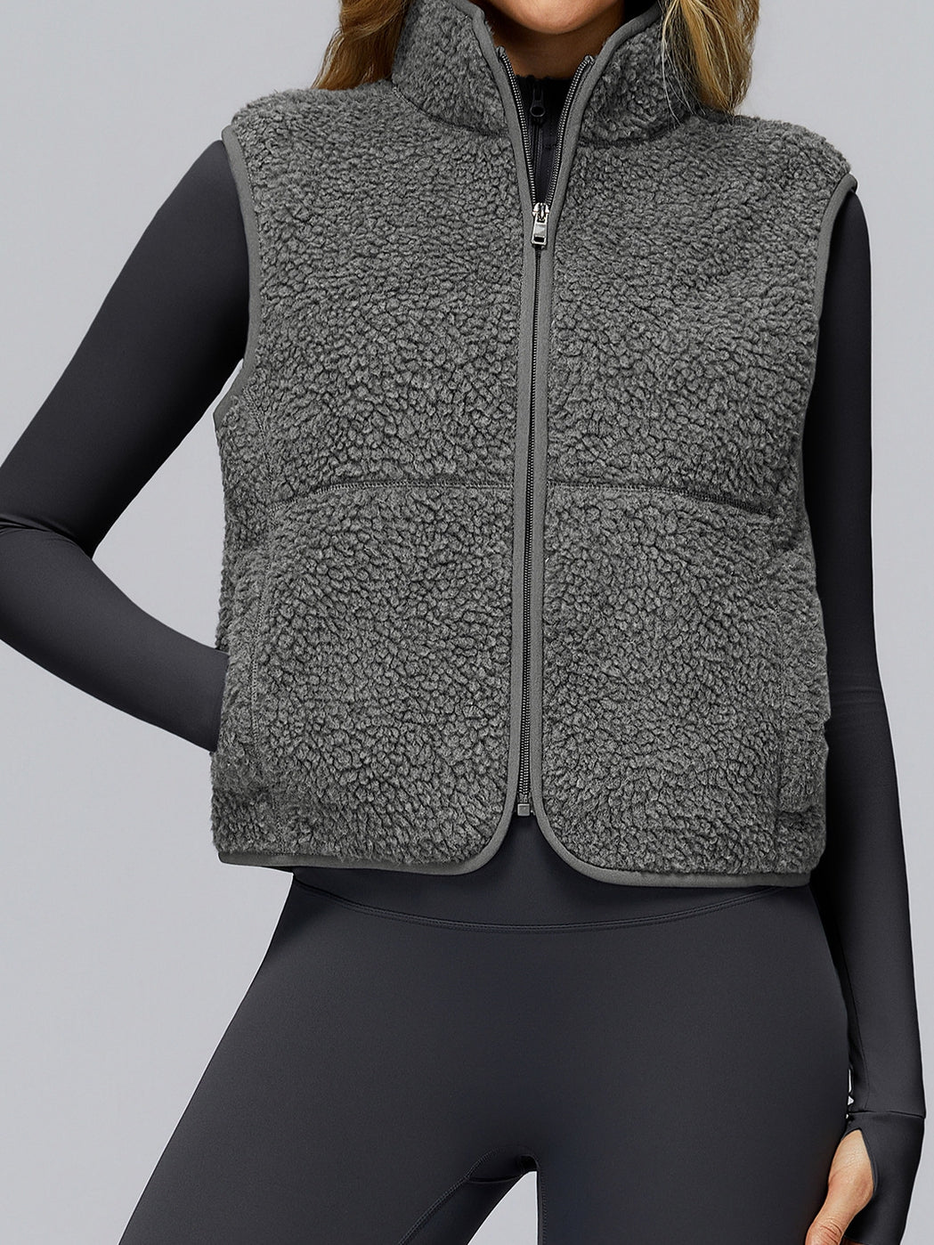 BUYCO Female Fleece Zipper Pocket Stand Up Collar Vest Jacket