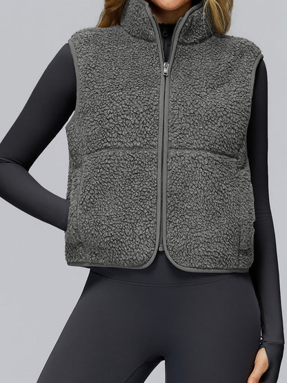 BUYCO Female Fleece Zipper Pocket Stand Up Collar Vest Jacket