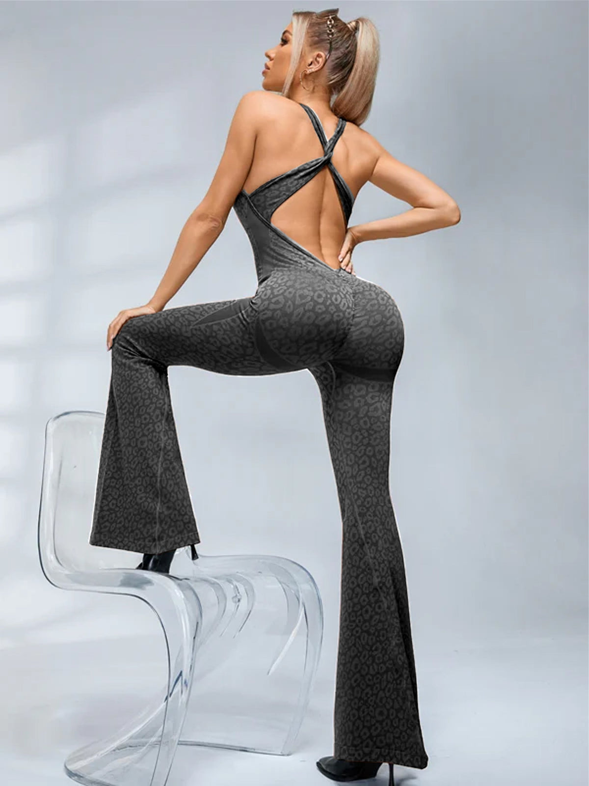 BUYCO Female Fitted Leopard Print Hollow Out Cross Back Deep V Back Jumpsuit