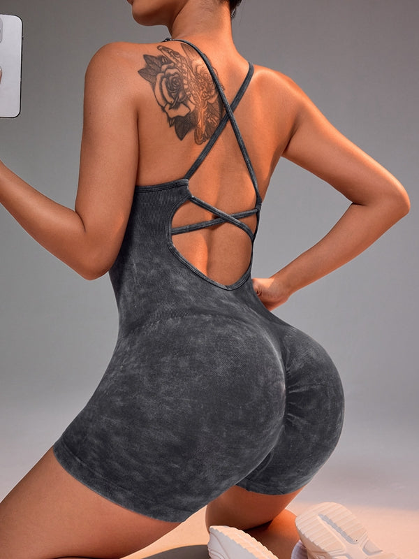 BUYCO Female Imitation Denim Frosted Nude Sensation Cross Back Hollow Out Romper