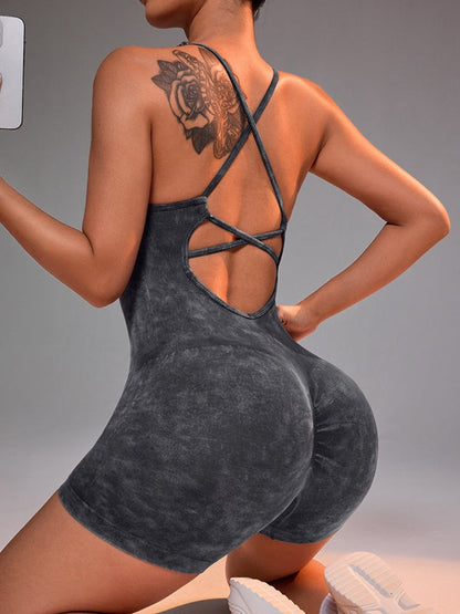 BUYCO Female Imitation Denim Frosted Nude Sensation Cross Back Hollow Out Romper