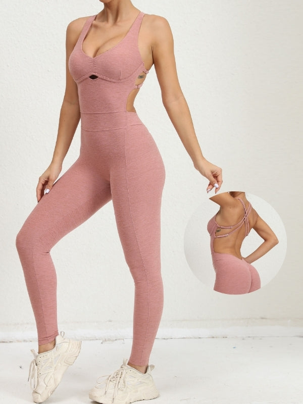 BUYCO Female Cross Back Ruched Back Adjustable Straps Jumpsuit