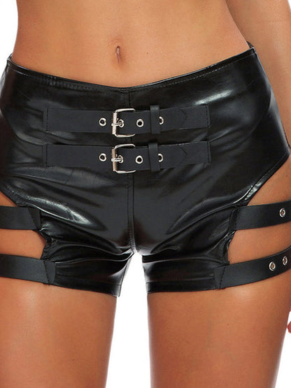 BUYCO Female Fitted Faux Leather Hollow Out with Metal Fit Shorts