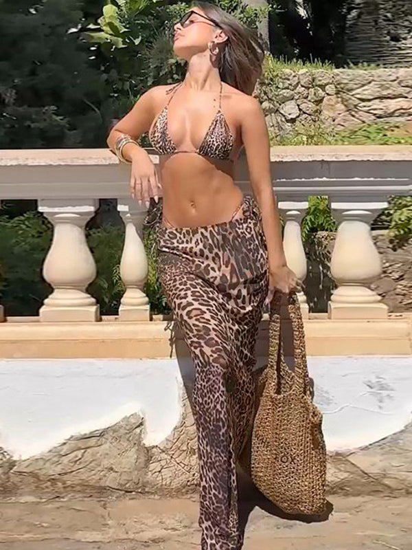 BUYCO Female Fitted Leopard Print Mesh 3 Pieces Bikini Set