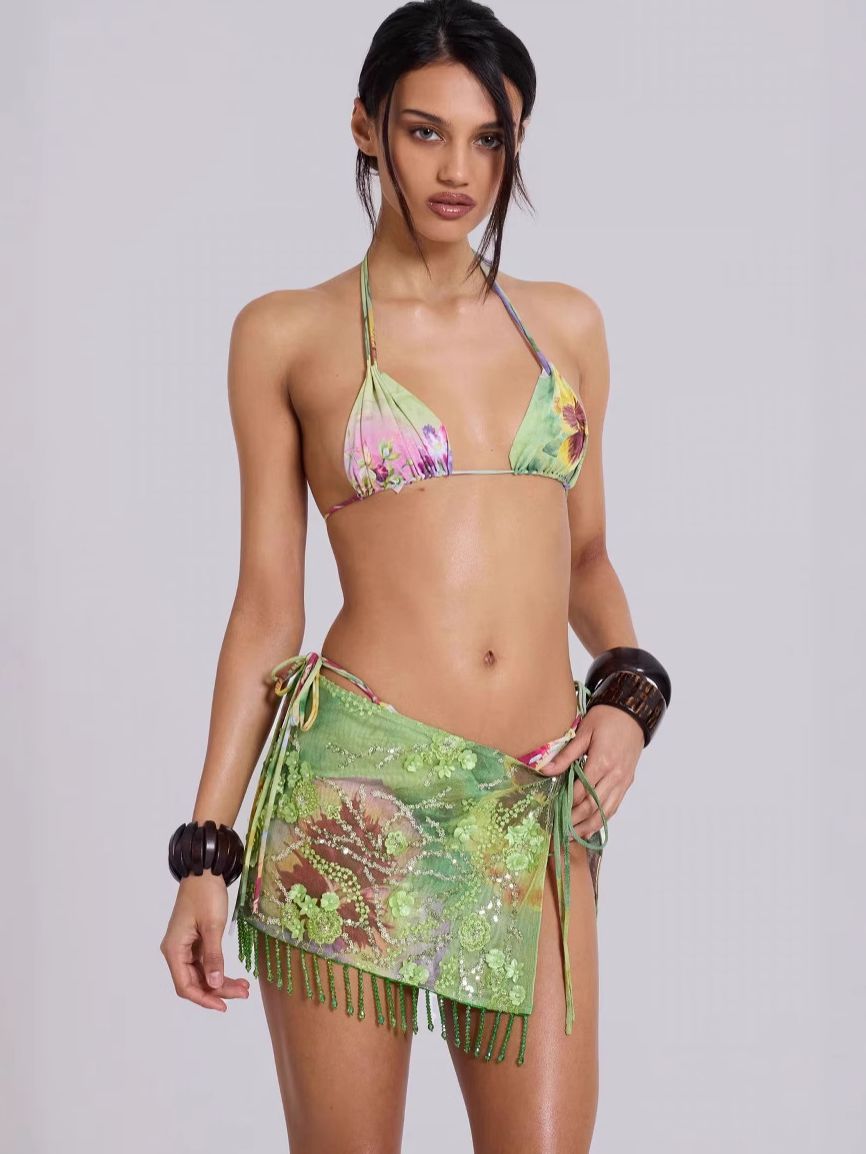 BUYCO Female Fitted Flower Sequin Tassel Mesh 3-Pieces Lace-up Bikini Set