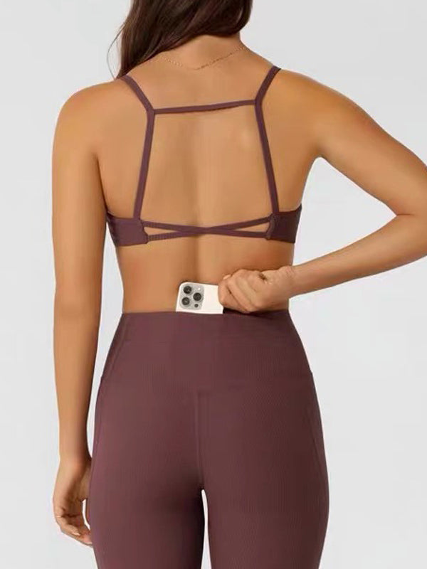 BUYCO Female Solid Color Hollow Out Cross Beauty Back Sports Bras