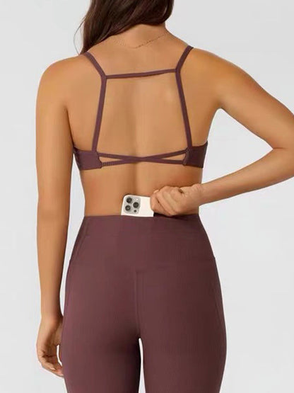 BUYCO Female Solid Color Hollow Out Cross Beauty Back Sports Bras