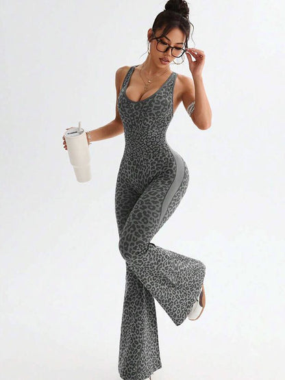 BUYCO Female Fitted Leopard Print Hollow Out Cross Back Deep V Back Jumpsuit
