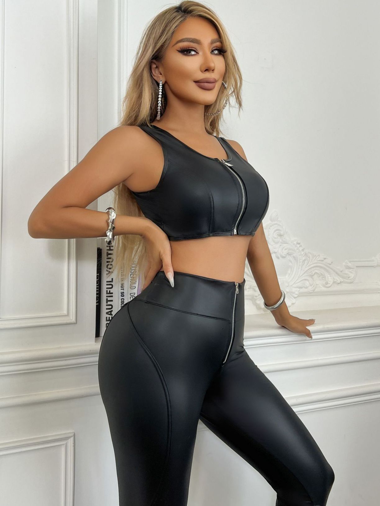 BUYCO Female PU Matte Zipper Tracksuit