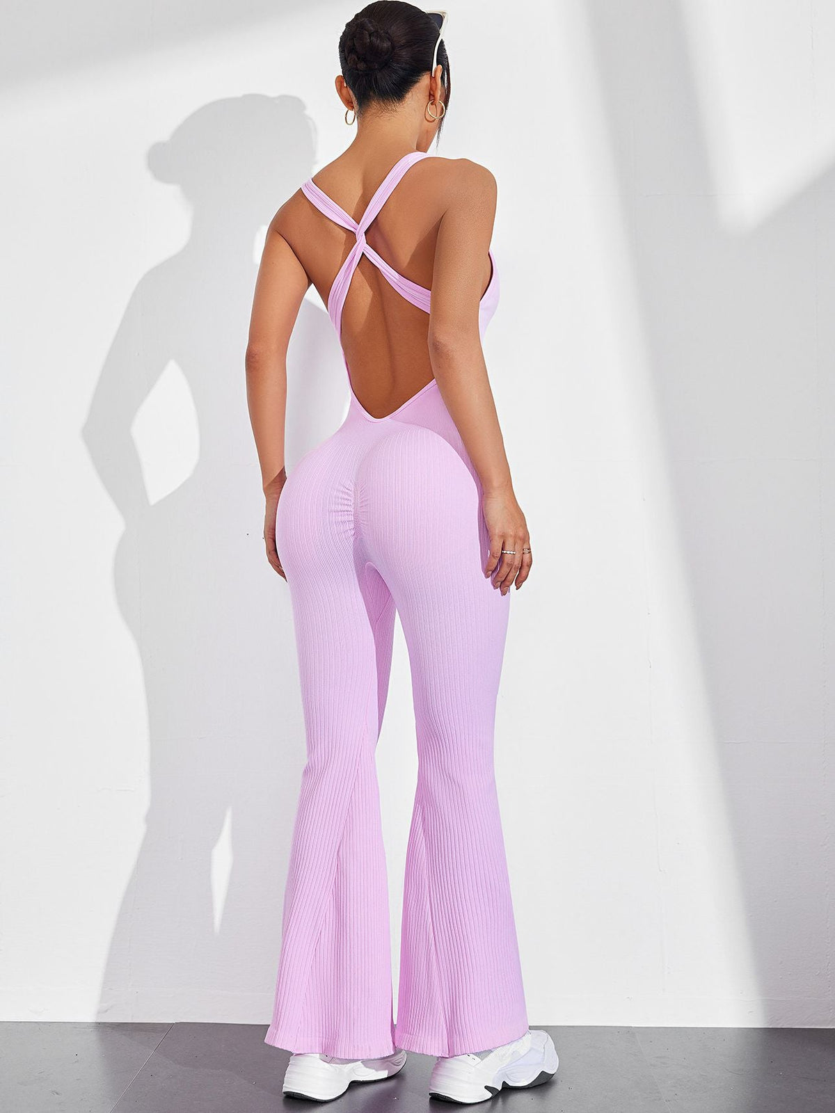 BUYCO Female Cross Back Ruched Back Flare Ribbed Jumpsuit