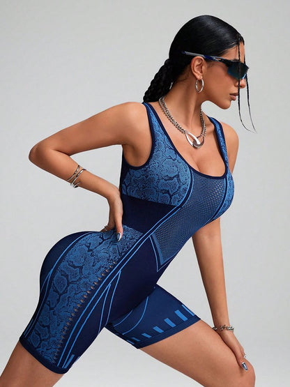 BUYCO Female Hollow Out Net Snakeskin Print Stripes Stitch Elastic Tight Romper