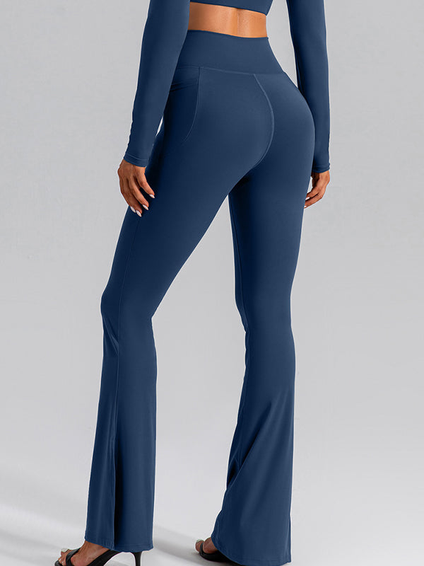 BUYCO Female V-shape Waist Pocket Solid Color Split High-waisted Flare Pants