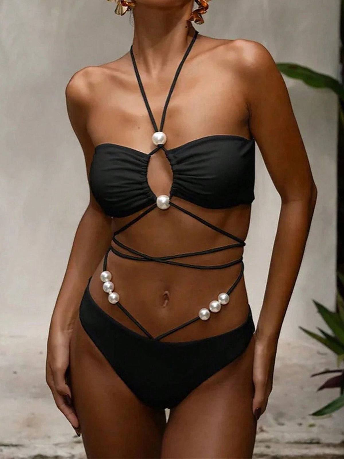 BUYCO Female Solid Color Pearl Lace-up Hollow Out 3-Pieces Mesh Bikini Set