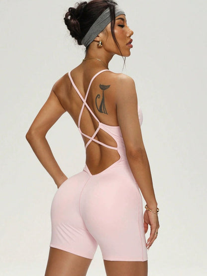 BUYCO Female Cross Back U Collar Elastic Tight Short Romper
