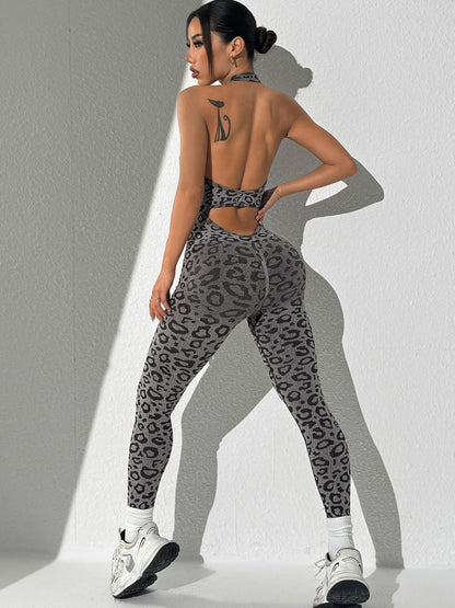 BUYCO Female Fitted Fashion Leopard Print Hollow Out Backless Jumpsuit