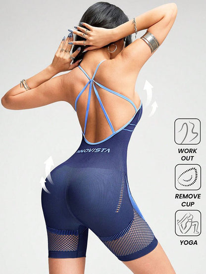 BUYCO Female Contrast Color Net Cross Back Push Up Design Elastic Tight Romper