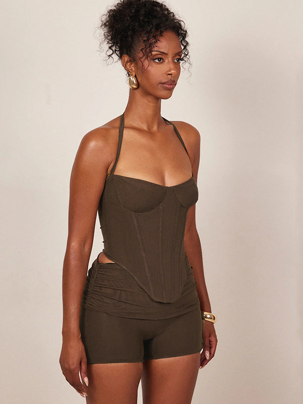BUYCO Female Elastic Tight Halter Backless Short Tracksuit
