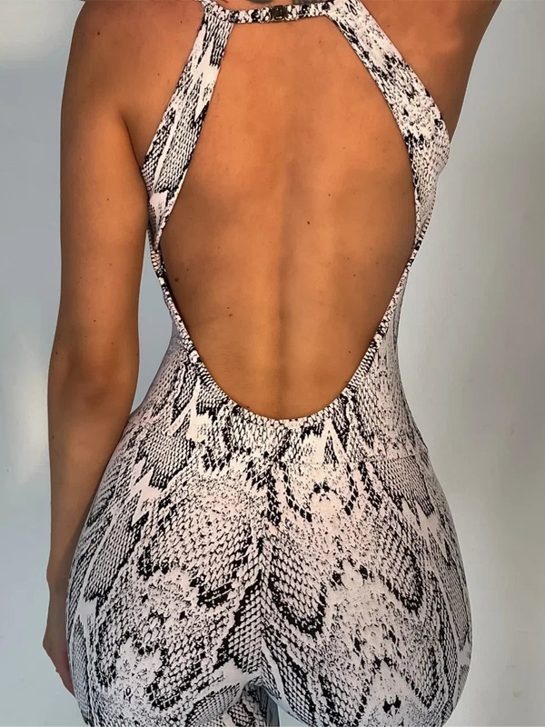 BUYCO Female Fitted Fishnet Snake Print Backless Jumpsuits