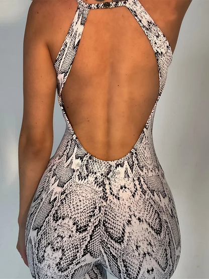 BUYCO Female Fitted Fishnet Snake Print Backless Jumpsuits