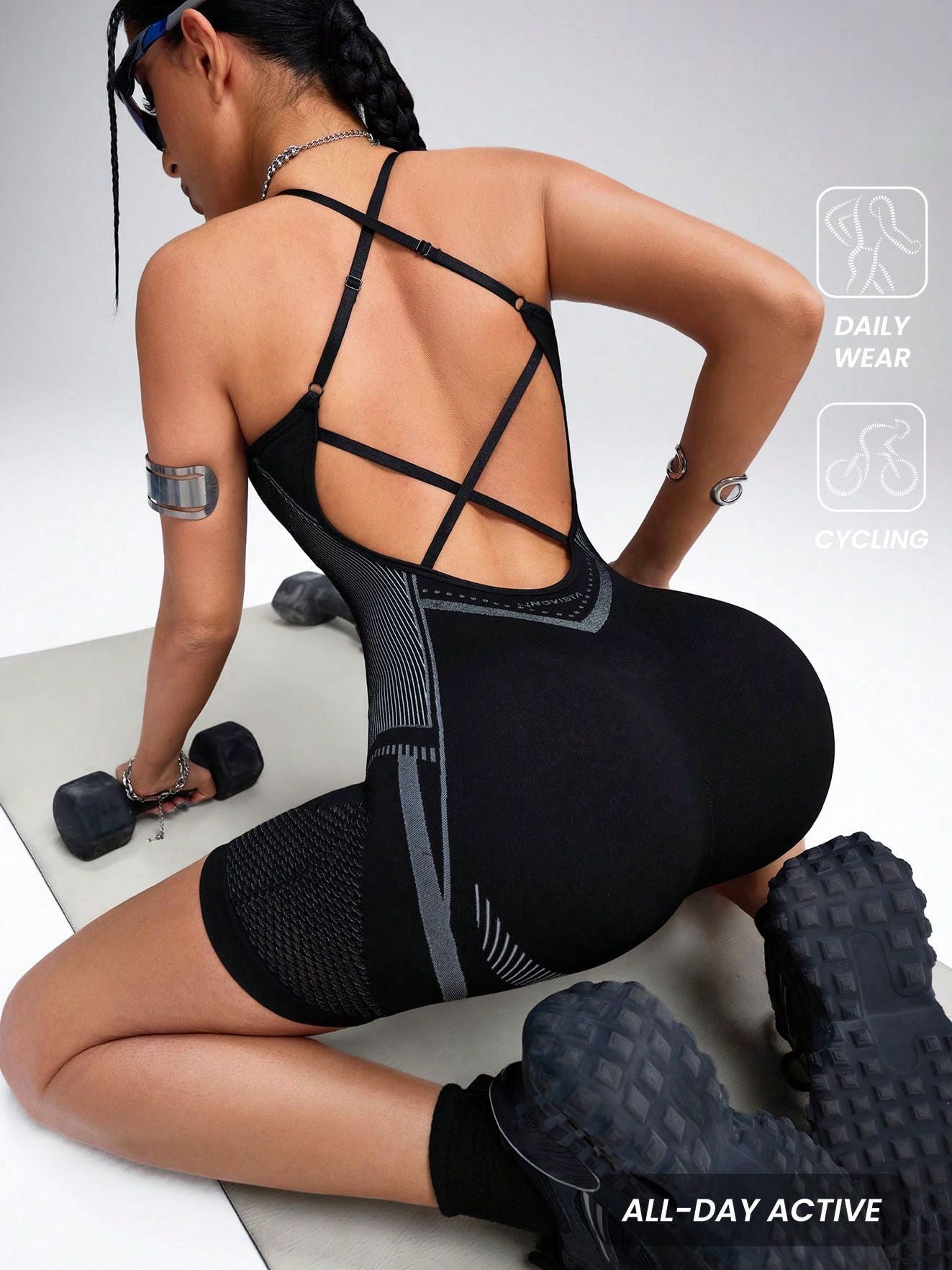 BUYCO Female Hollow Out Net Cross Back Elastic Tight Romper