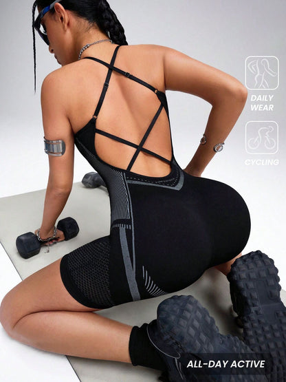 BUYCO Female Hollow Out Net Cross Back Elastic Tight Romper