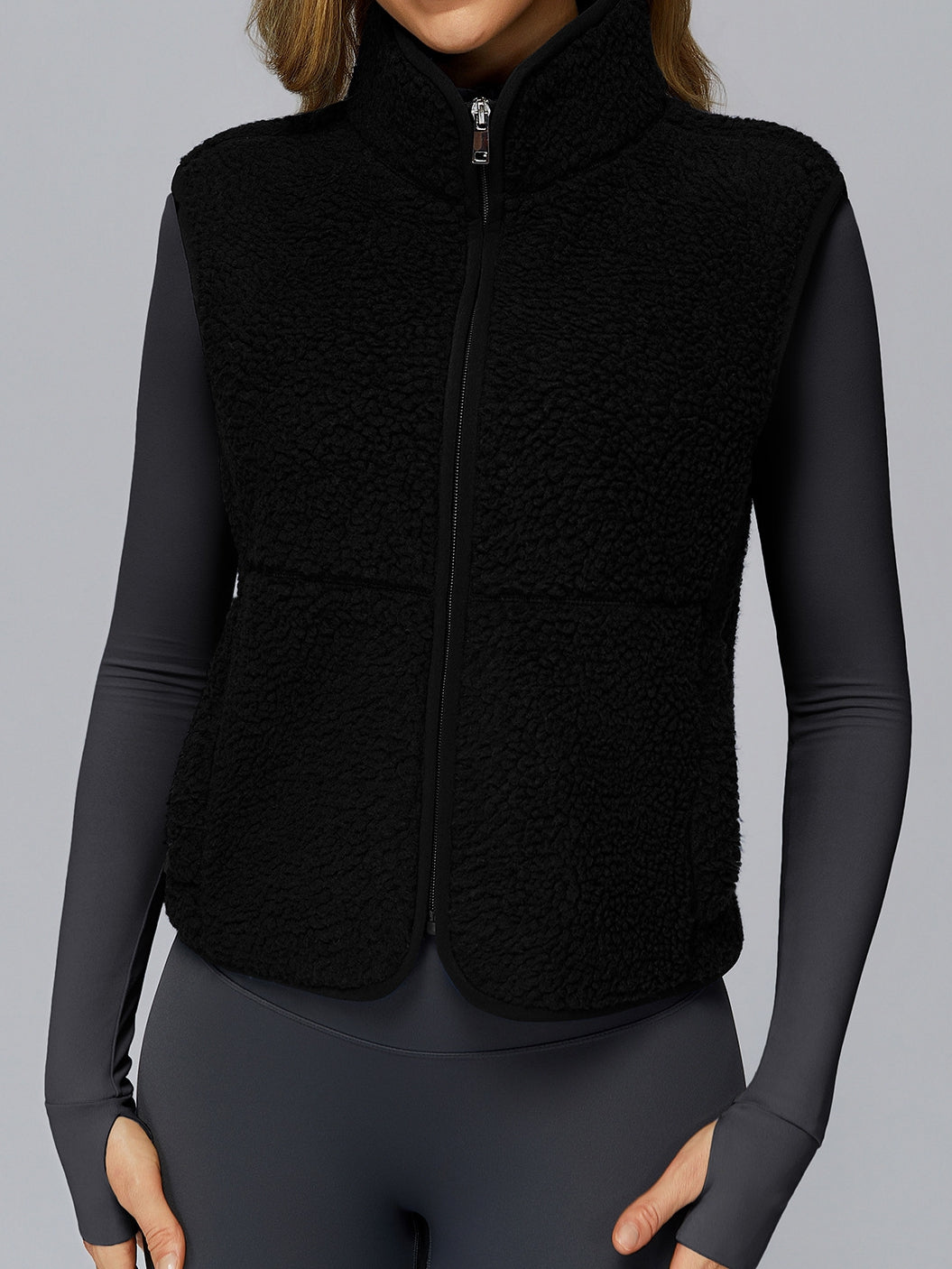 BUYCO Female Fleece Zipper Pocket Stand Up Collar Vest Jacket
