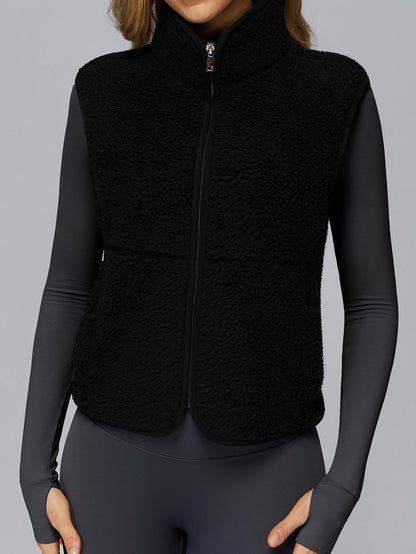BUYCO Female Fleece Zipper Pocket Stand Up Collar Vest Jacket