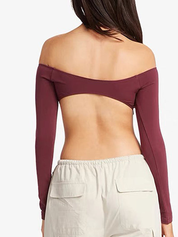 BUYCO Female Fitted Solid Color Backless Elastic Tight Long Sleeves