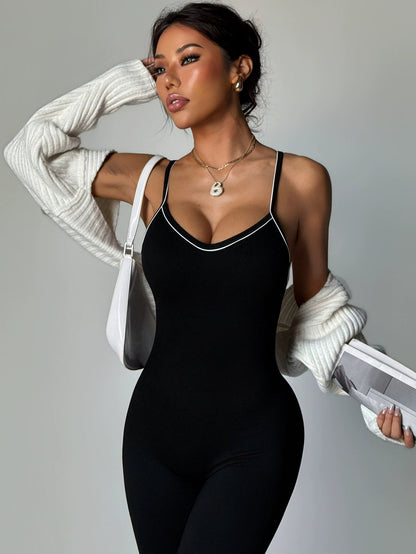 BUYCO Female Fitted Cross Back Contrast Color Elastic Tight Quick Dry Jumpsuit