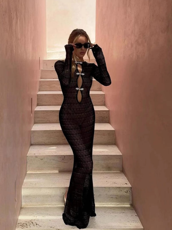 BUYCO Female Fitted Split Fishnet Hollow Out Backless Chinese Style Cover-up Without Bikini