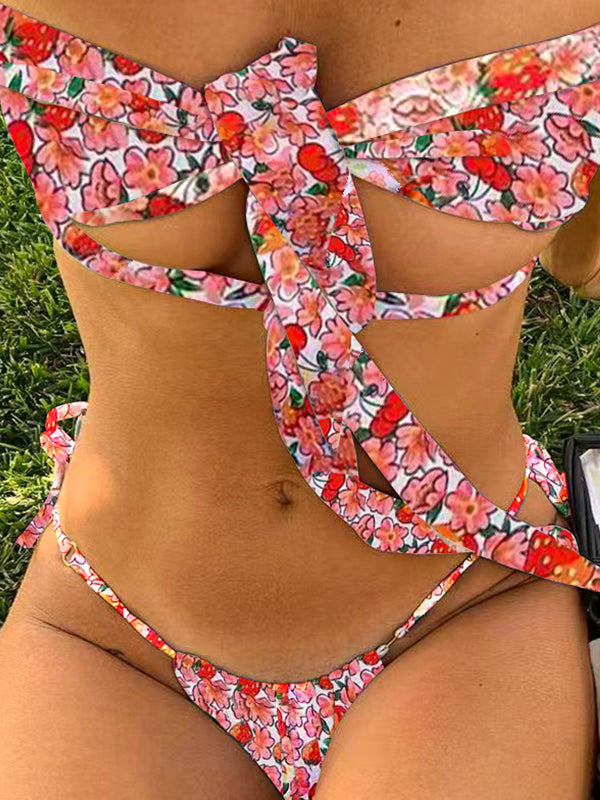 BUYCO Female Fitted Solid Color Bow-knot Cute Print Bikini Set