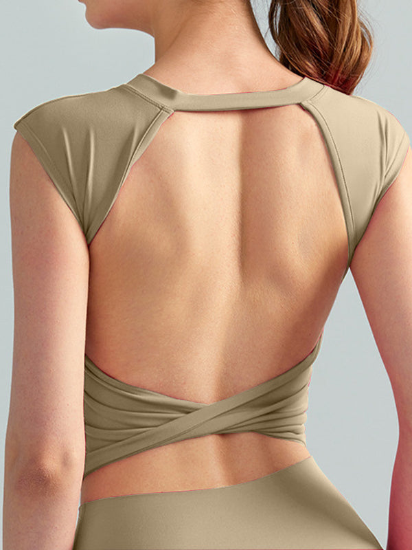 BUYCO Female Fitted Twist Hollow Out Backless Round Neck Short Sleeves
