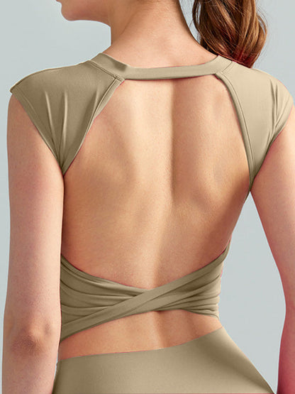 BUYCO Female Fitted Twist Hollow Out Backless Round Neck Short Sleeves