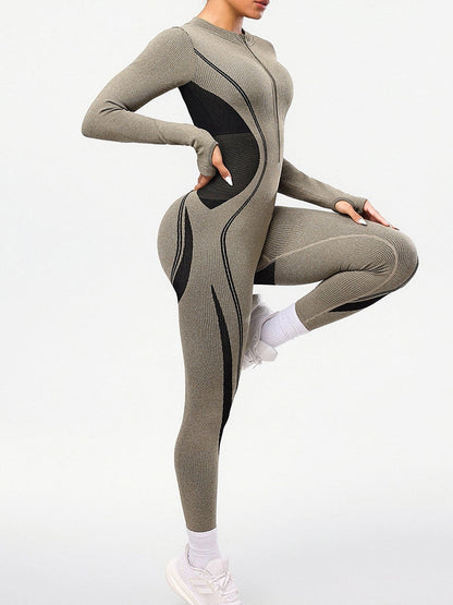 BUYCO Female Contrast Color Stand Up Collar Zipper Elastic Tight Jumpsuit