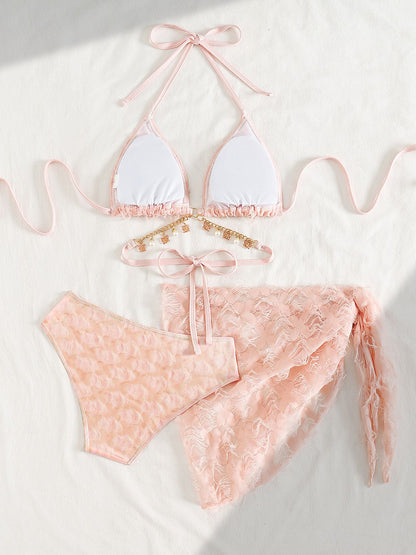BUYCO Female Fitted 3 Pieces Petal Mesh Metal Chain Beach Bikini Set
